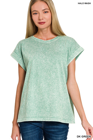 Zenana - Halo Washed Cuffed Short Sleeve Tee