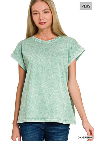 Zenana - Halo Washed Cuffed Short Sleeve Tee - Dark Green