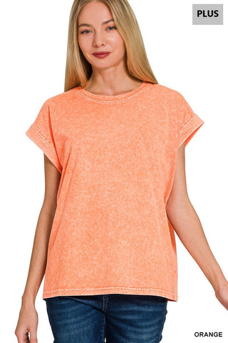 Zenana - Halo Washed Cuffed Short Sleeve Tee - Orange
