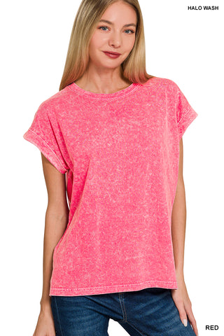 Zenana - Halo Washed Cuffed Short Sleeve Tee
