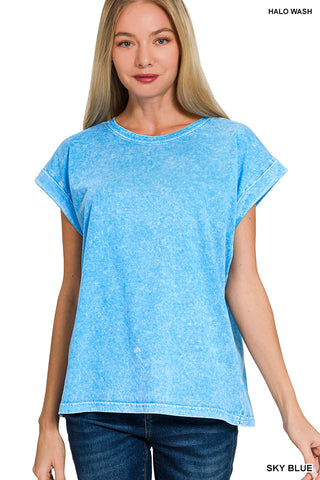 Zenana - Halo Washed Cuffed Short Sleeve Tee