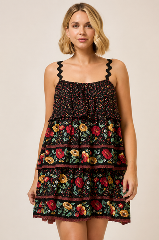 Cozy Co. - Ditsy Floral Contrast Sleeveless Mini Dress - Black