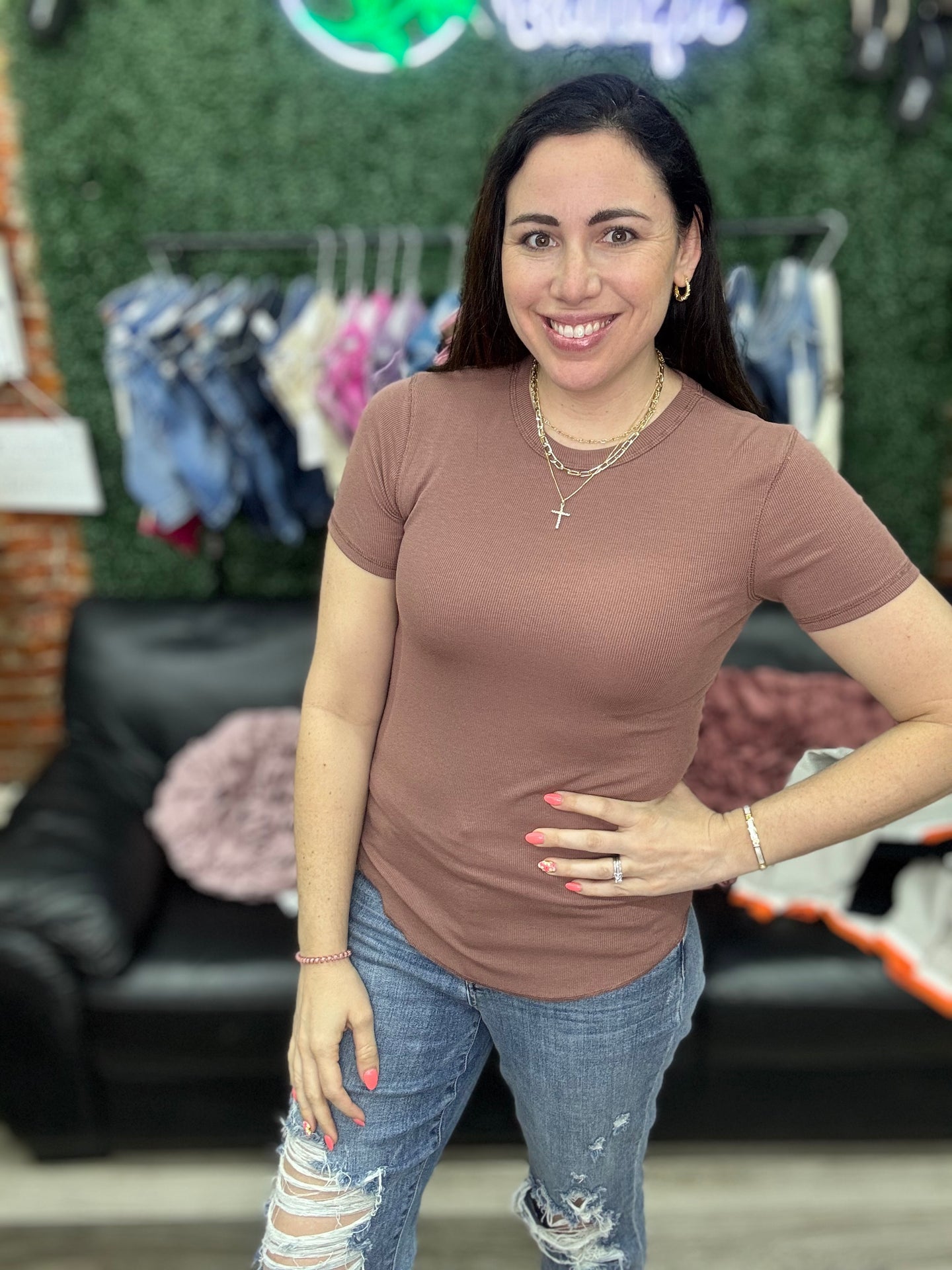 Wishlist Round Neck Lightweight Ribbed Tee in 2 colors