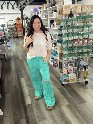 Zenana Distressed Wide Leg Sweatpants TP-5191X - Mint