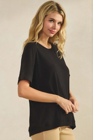 Yelete Everyday Soft Ribbed Loose Fit Short Sleeve Top Black