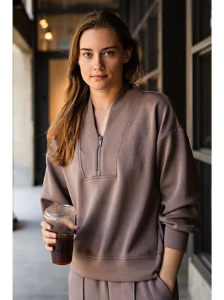 Rae Mode Half-Zip Lounge Pullover – Relaxed Fit Comfort Top Mocha