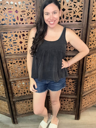 Sleeveless Knit Top with Scoop Neck- Washed Black