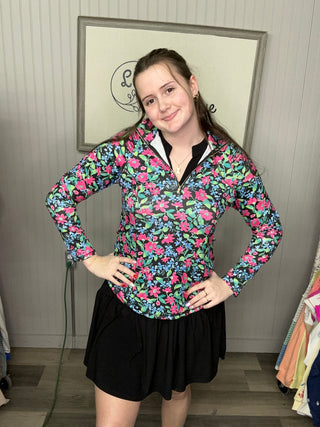 Dear Scarlett Floral Half-Zip Long Sleeve Top