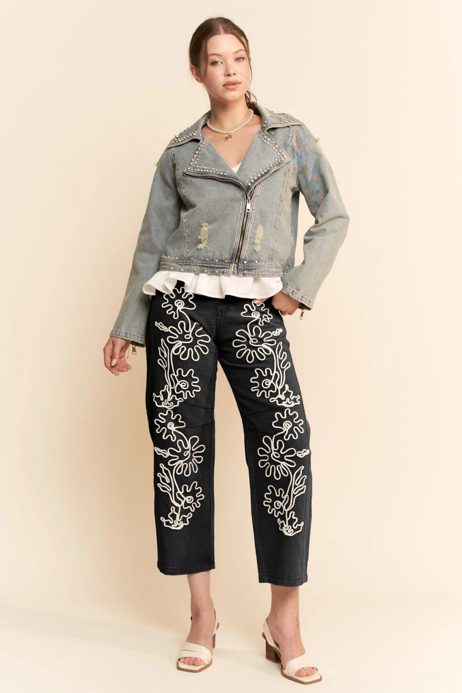 Davi & Dani Cord Floral Embroidered Barrel Pants | Women’s Wide Leg Denim