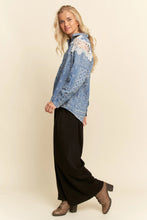 Load image into Gallery viewer, Davi &amp; Dani Relaxed Fit Button Up Shirt | Lace Shoulder Denim Base
