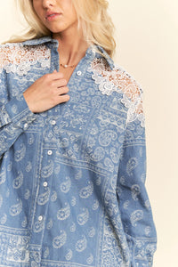 Davi & Dani Relaxed Fit Button Up Shirt | Lace Shoulder Denim Base