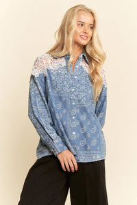 Davi & Dani Relaxed Fit Button Up Shirt | Lace Shoulder Denim Base