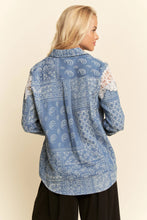 Load image into Gallery viewer, Davi &amp; Dani Relaxed Fit Button Up Shirt | Lace Shoulder Denim Base
