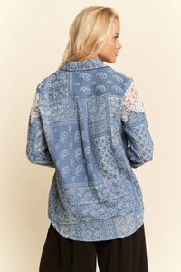 Davi & Dani Relaxed Fit Button Up Shirt | Lace Shoulder Denim Base
