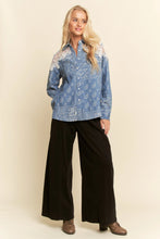 Load image into Gallery viewer, Davi &amp; Dani Relaxed Fit Button Up Shirt | Lace Shoulder Denim Base
