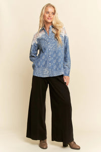 Davi & Dani Relaxed Fit Button Up Shirt | Lace Shoulder Denim Base