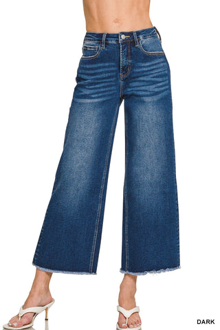 Zenana - High Waist Wide Leg Fray Hem Denim Pants