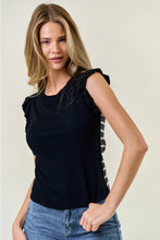 Load image into Gallery viewer, Doe &amp; Rae Striped Contrast Color Block Ruffle Tank – Rayon &amp; Cotton Blend
