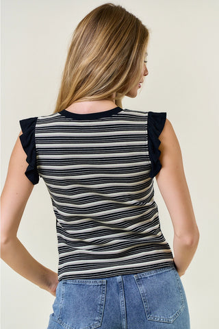 Doe & Rae Striped Contrast Color Block Ruffle Tank – Black