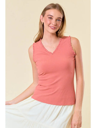 Doe & Rae V-Neck Frilled Knit Top – Rayon Spandex Blend - Deep Salmon