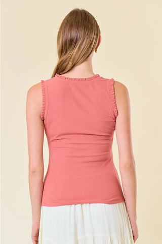 Doe & Rae V-Neck Frilled Knit Top – Rayon Spandex Blend - Deep Salmon