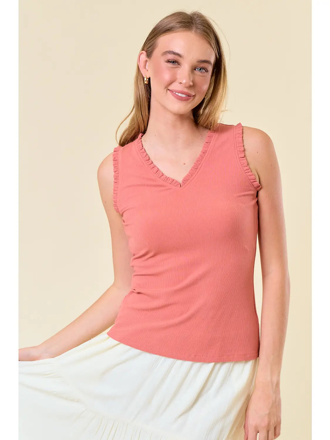 Doe & Rae V-Neck Frilled Knit Top – Rayon Spandex Blend