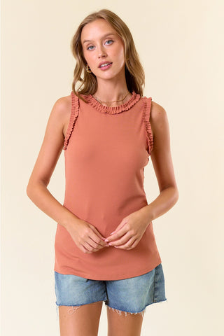 Doe & Rae Solid Knit Tank with Ruffle Trim – Soft Stretch Blend - Marsala