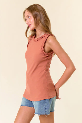 Doe & Rae Solid Knit Tank with Ruffle Trim – Soft Stretch Blend - Marsala