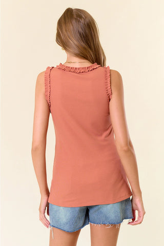 Doe & Rae Solid Knit Tank with Ruffle Trim – Soft Stretch Blend - Marsala
