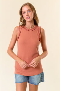 Doe & Rae Solid Knit Tank with Ruffle Trim – Soft Stretch Blend