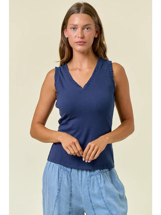 Doe & Rae V-Neck Frilled Knit Top – Rayon Spandex Blend - Midnight