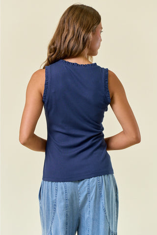 Doe & Rae V-Neck Frilled Knit Top – Rayon Spandex Blend - Midnight