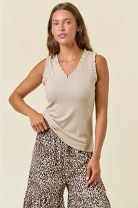 Doe & Rae V-Neck Frilled Knit Top – Rayon Spandex Blend