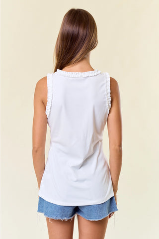 Doe & Rae Solid Knit Tank with Ruffle Trim – Soft Stretch Blend - Off White