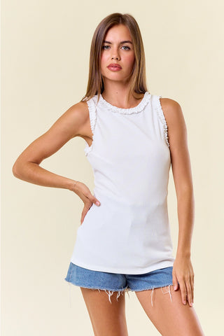Doe & Rae Solid Knit Tank with Ruffle Trim – Soft Stretch Blend - Off White