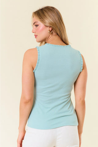 Doe & Rae V-Neck Frilled Knit Top – Rayon Spandex Blend - Sage