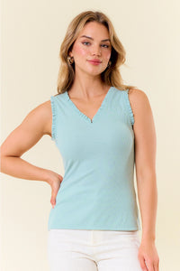 Doe & Rae V-Neck Frilled Knit Top – Rayon Spandex Blend