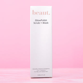 Box of GlowPolish Scrub + Mask with product details on a pink background.