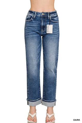 Zenana - Dark Cuffed Straight Denim Pants