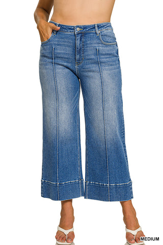 Zenana - Plus Wide Leg Cropped Pintuck Denim Pants