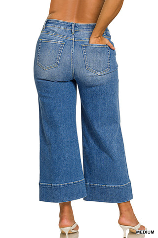 Zenana - Plus Wide Leg Cropped Pintuck Denim Pants