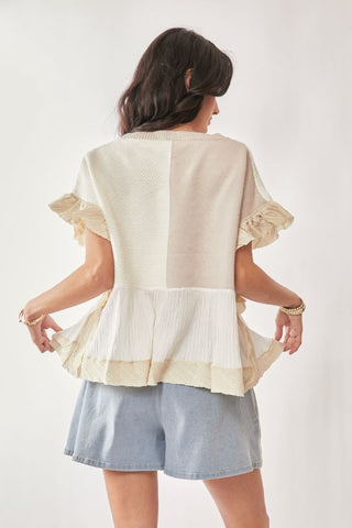 Davi & Dani Textured Sweater Ruffle Detail Top - Natural Multi