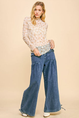 Davi & Dani Lace Mesh Sheer Turtleneck Top