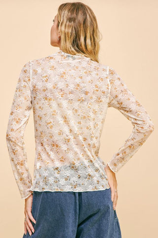 Davi & Dani Lace Mesh Sheer Turtleneck Top