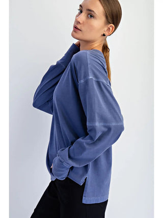 Rae Mode Oversized V-Neck Long Sleeve Tee Navy
