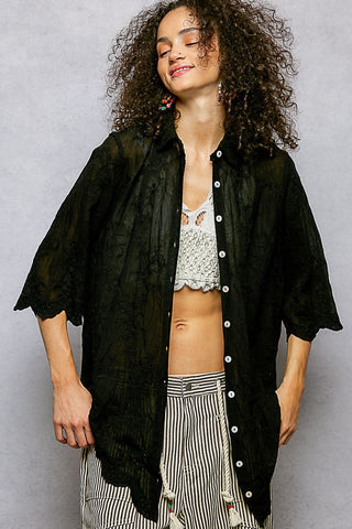 Pol Sheer Black Floral Lace Button-Front Top