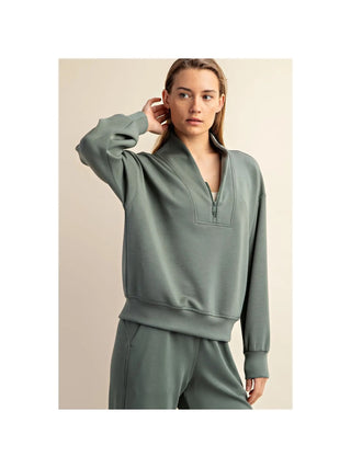 Rae Mode Half-Zip Lounge Pullover – Relaxed Fit Comfort Top Sage