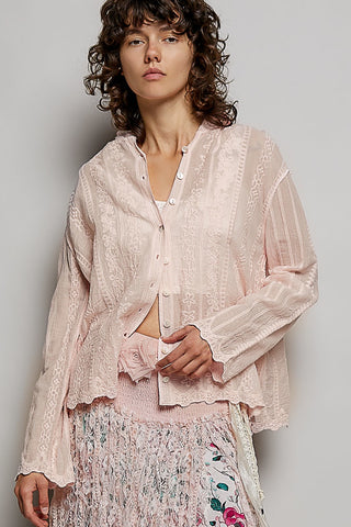 Pol Sheer Floral Lace Hooded Button-Front Top Pink