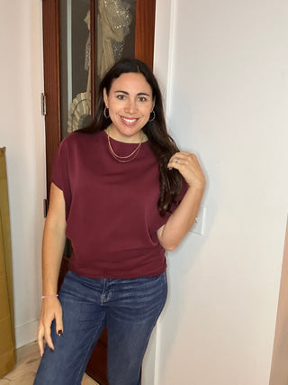 Charlotte Avery Short Sleeve Scuba Oversized Top- Wine