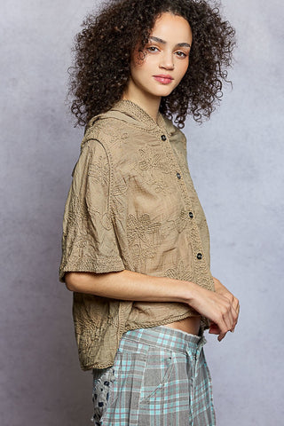 POL Embroidered Floral Hooded Button Top Taupe – Effortless Boho Style